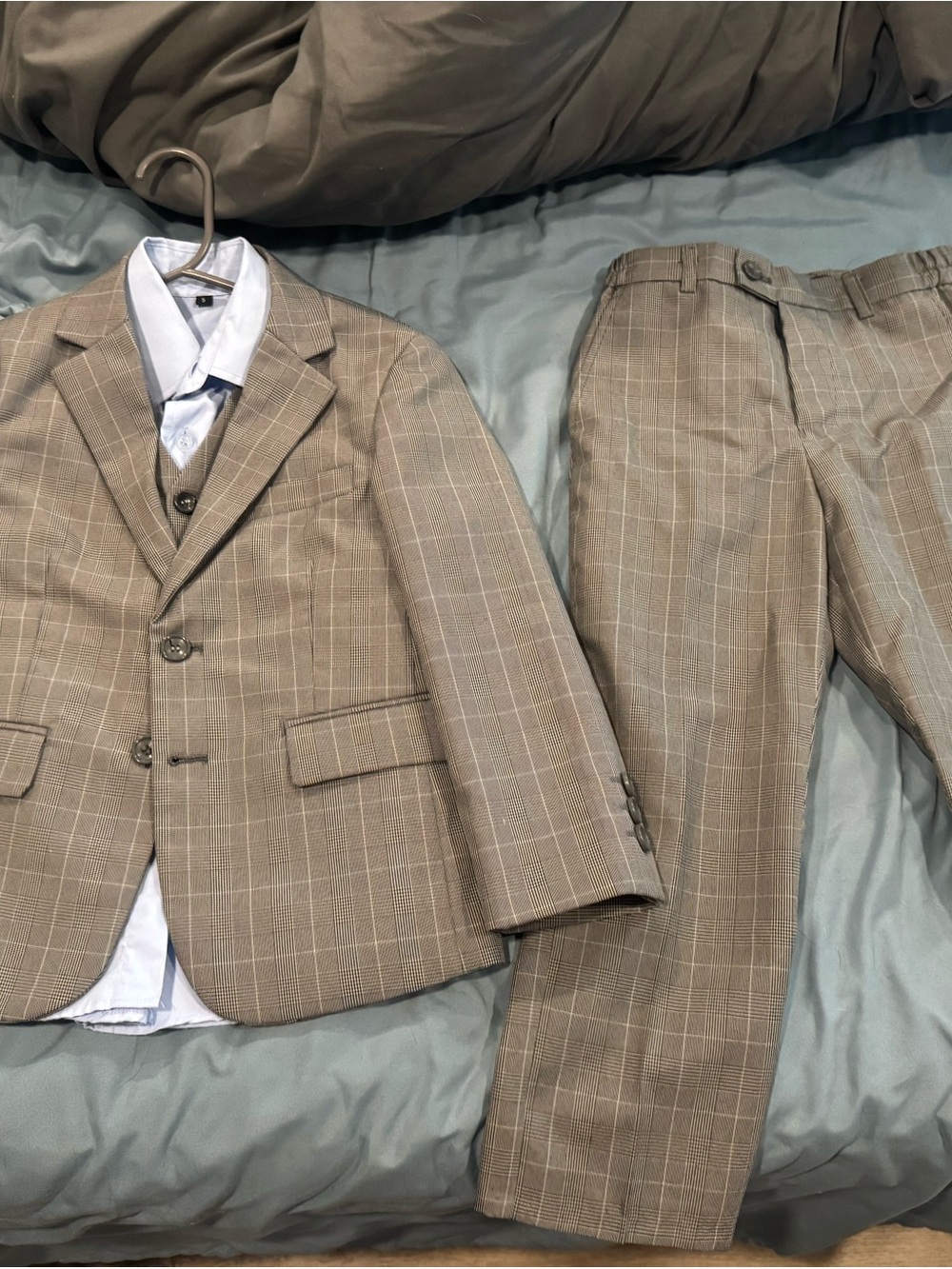 Andrew Fezza Boys Plaid Tan Suit Jacket and Pants Set